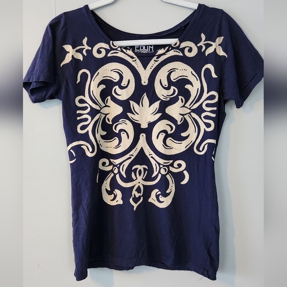 EDUN Organic Cotton Tee Shirt. Navy And Cream. Size Large - Picture 2 of 8